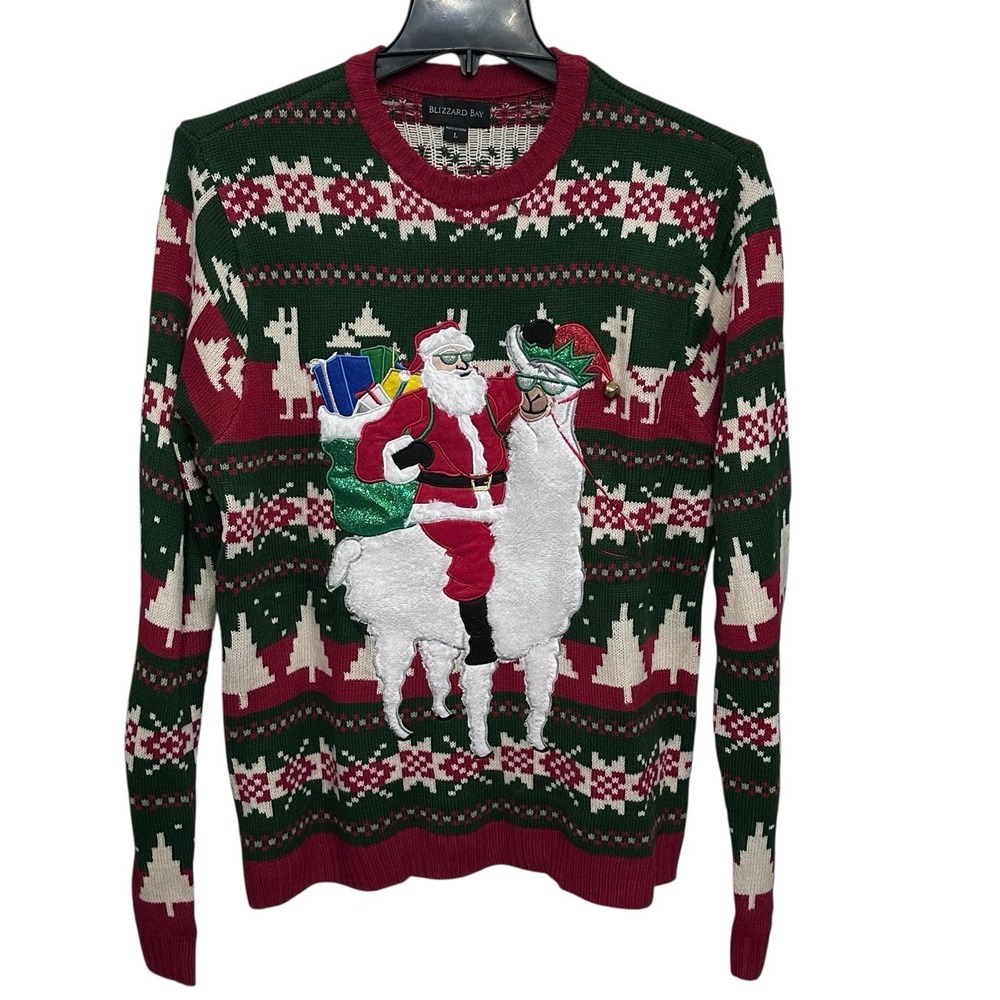BLIZZARD BAY 3D Sweater Santa Riding Lama Nordic Red & Green Size Large